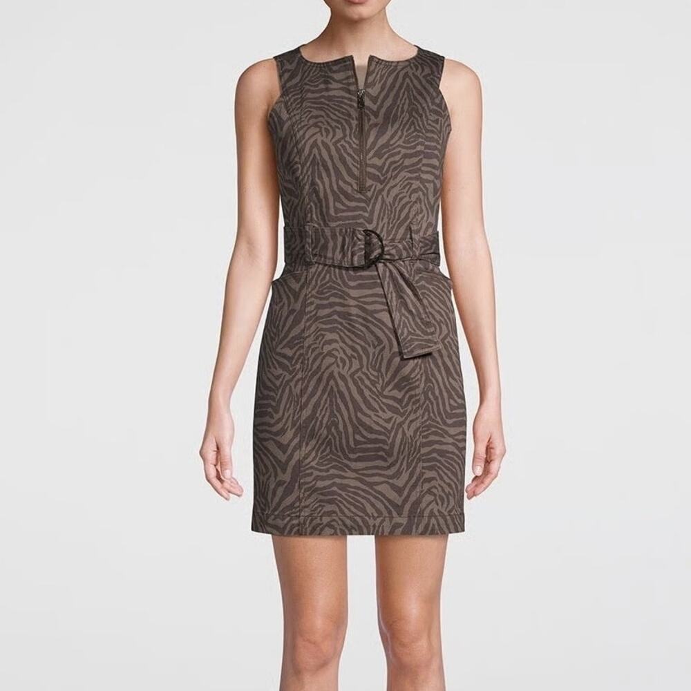 White House Black Market Brown Zebra Print Denim Sleeveless Belted Short Dress